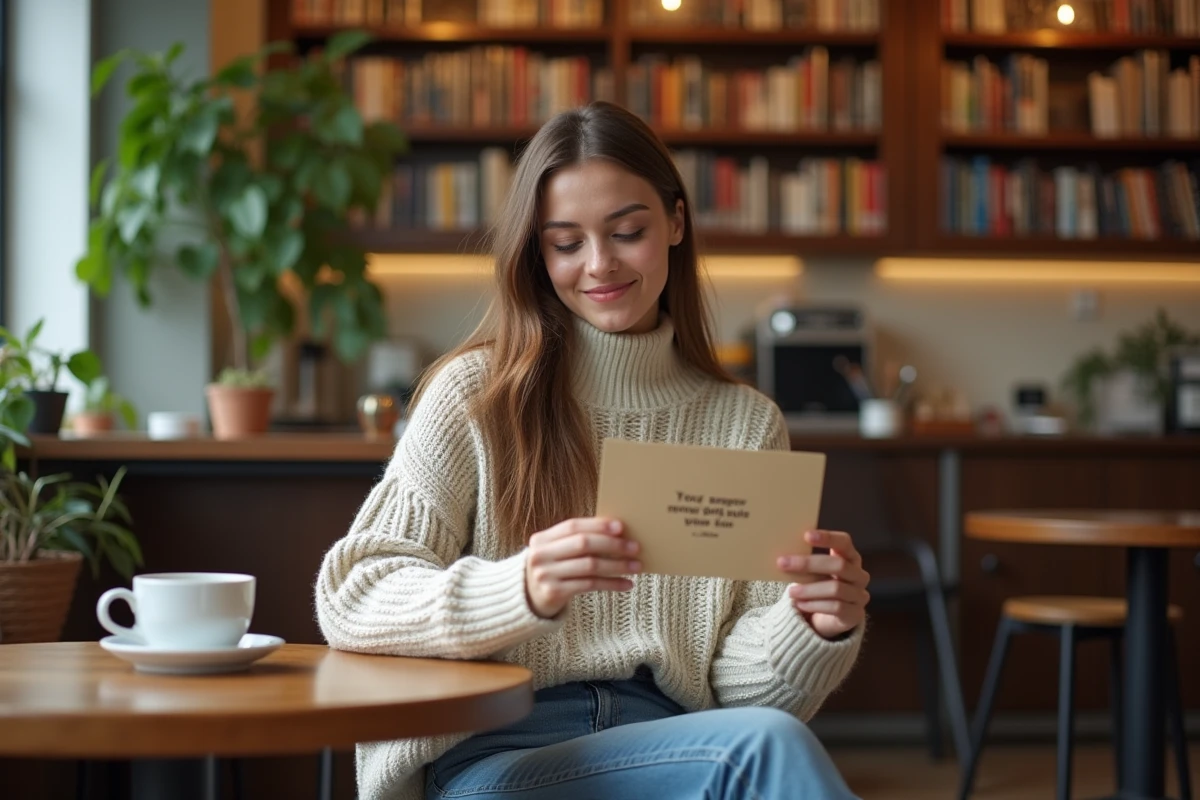 Jeune femme lisant une citation inspirante dans un café chaleureux
