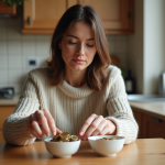 Femme en cuisine divisant des euros colorés
