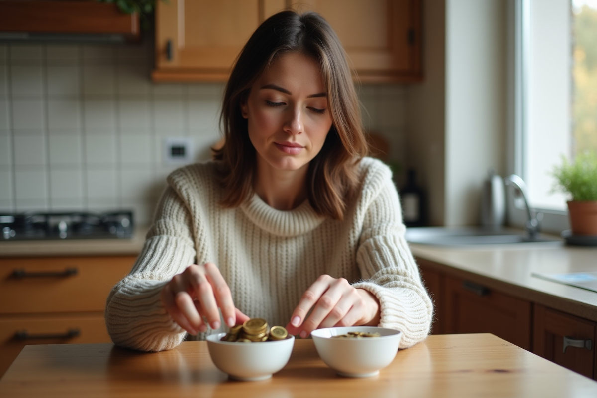 Femme en cuisine divisant des euros colorés