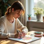 Femme arrangeant des diamants en résine colorés sur une toile