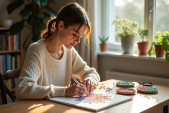 Femme arrangeant des diamants en résine colorés sur une toile