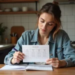 Jeune femme en cuisine consulte un tableau de conversion volume