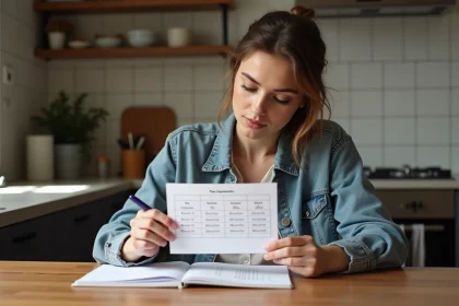 Jeune femme en cuisine consulte un tableau de conversion volume