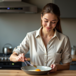 Femme cuisinant un œuf doré dans une cuisine moderne