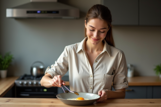 Femme cuisinant un œuf doré dans une cuisine moderne