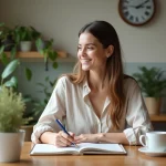 Femme écrivant dans un journal dans une cuisine lumineuse