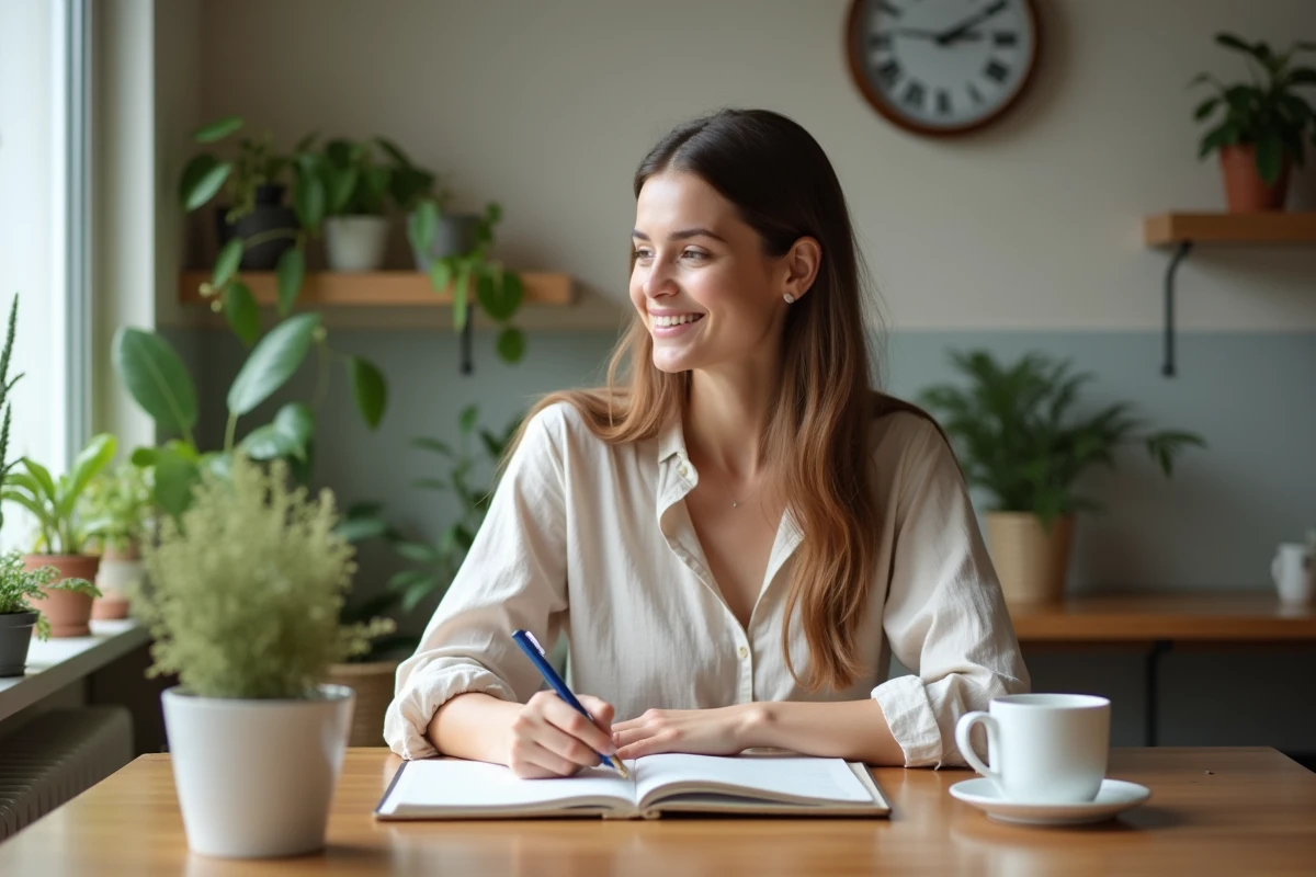 Femme écrivant dans un journal dans une cuisine lumineuse