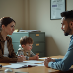 Femme et enfant dans un bureau administratif modeste