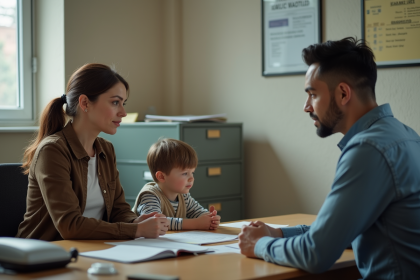 Femme et enfant dans un bureau administratif modeste