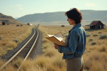 Femme pensant sur une plaine sauvage avec une carte