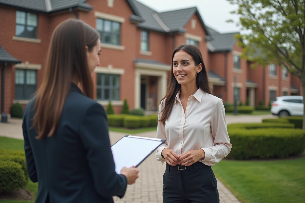 Jeune femme parlant avec un agent immobilier devant une maison