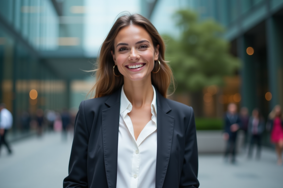 Jeune femme souriante devant un siège social financier