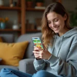 Jeune femme jouant à Monopoly GO sur son smartphone depuis son canapé, illustrant les méthodes légitimes pour obtenir des dés gratuits