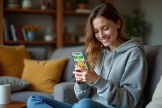 Jeune femme jouant à Monopoly GO sur son smartphone depuis son canapé, illustrant les méthodes légitimes pour obtenir des dés gratuits