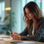 Femme lisant des avis sur smartphone dans un bureau lumineux