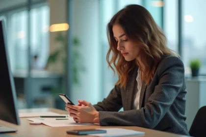 Femme lisant des avis sur smartphone dans un bureau lumineux