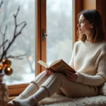 Jeune femme lisant un roman dans un intérieur chaleureux en hiver