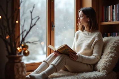 Jeune femme lisant un roman dans un intérieur chaleureux en hiver