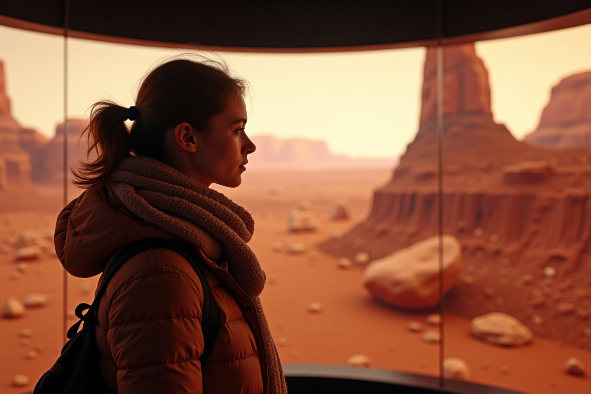 Jeune femme contemplant un paysage martien dans une exposition