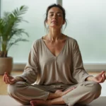Femme en méditation les yeux fermés dans un espace zen, illustrant l'expérience de flash lumineux spirituel