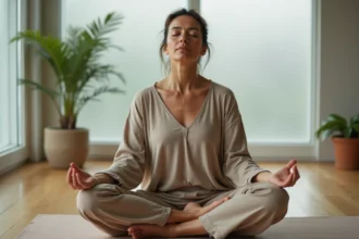 Femme en méditation les yeux fermés dans un espace zen, illustrant l'expérience de flash lumineux spirituel