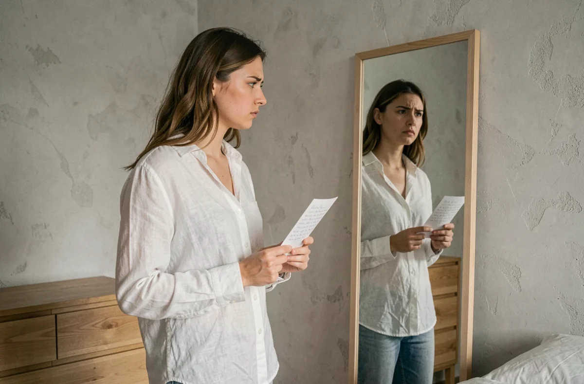 Jeune femme face à son miroir tenant une lettre, illustrant la prise de conscience face à un amour faux et des relations hypocrites