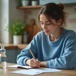 Jeune femme écrivant des notes de conversion dans une cuisine moderne