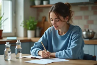 Jeune femme écrivant des notes de conversion dans une cuisine moderne