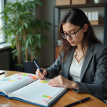 Jeune femme organisée planifiant au bureau