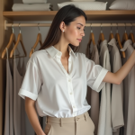 Femme organisée dans son placard avec vêtements neutres