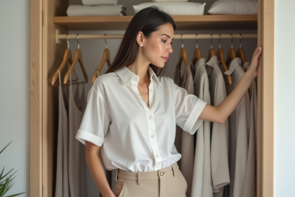 Femme organisée dans son placard avec vêtements neutres