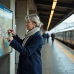Femme consultant un plan de RER Île-de-France affiché sur le quai d'une gare parisienne