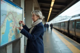 Femme consultant un plan de RER Île-de-France affiché sur le quai d'une gare parisienne