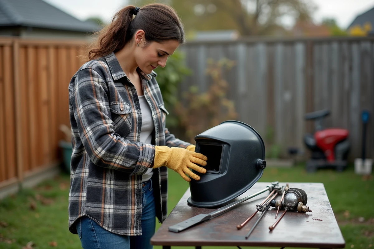Femme préparant un casque de soudure dans un jardin