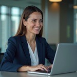 Femme en blazer navy travaillant sur un CRM dans un bureau moderne