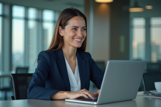 Femme en blazer navy travaillant sur un CRM dans un bureau moderne