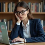 Femme consultative un quiz politique sur son ordinateur portable dans un bureau à domicile, exprimant une réflexion critique sur les tests d'orientation partisane