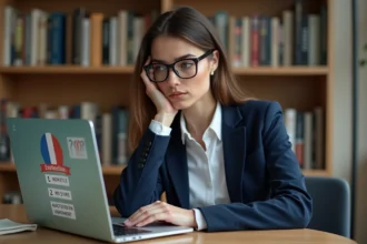 Femme consultative un quiz politique sur son ordinateur portable dans un bureau à domicile, exprimant une réflexion critique sur les tests d'orientation partisane