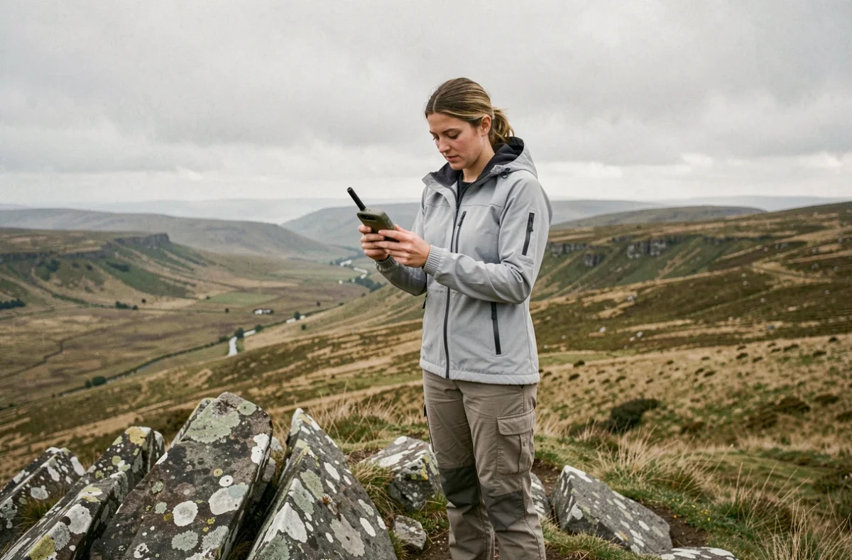 Femme randonneuse utilisant un GPS portable en montagne sur un sentier rocheux