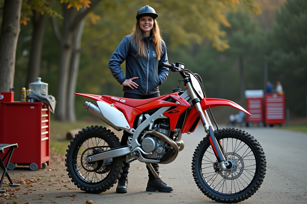 Femme expérimentée avec sa moto grande roue 125