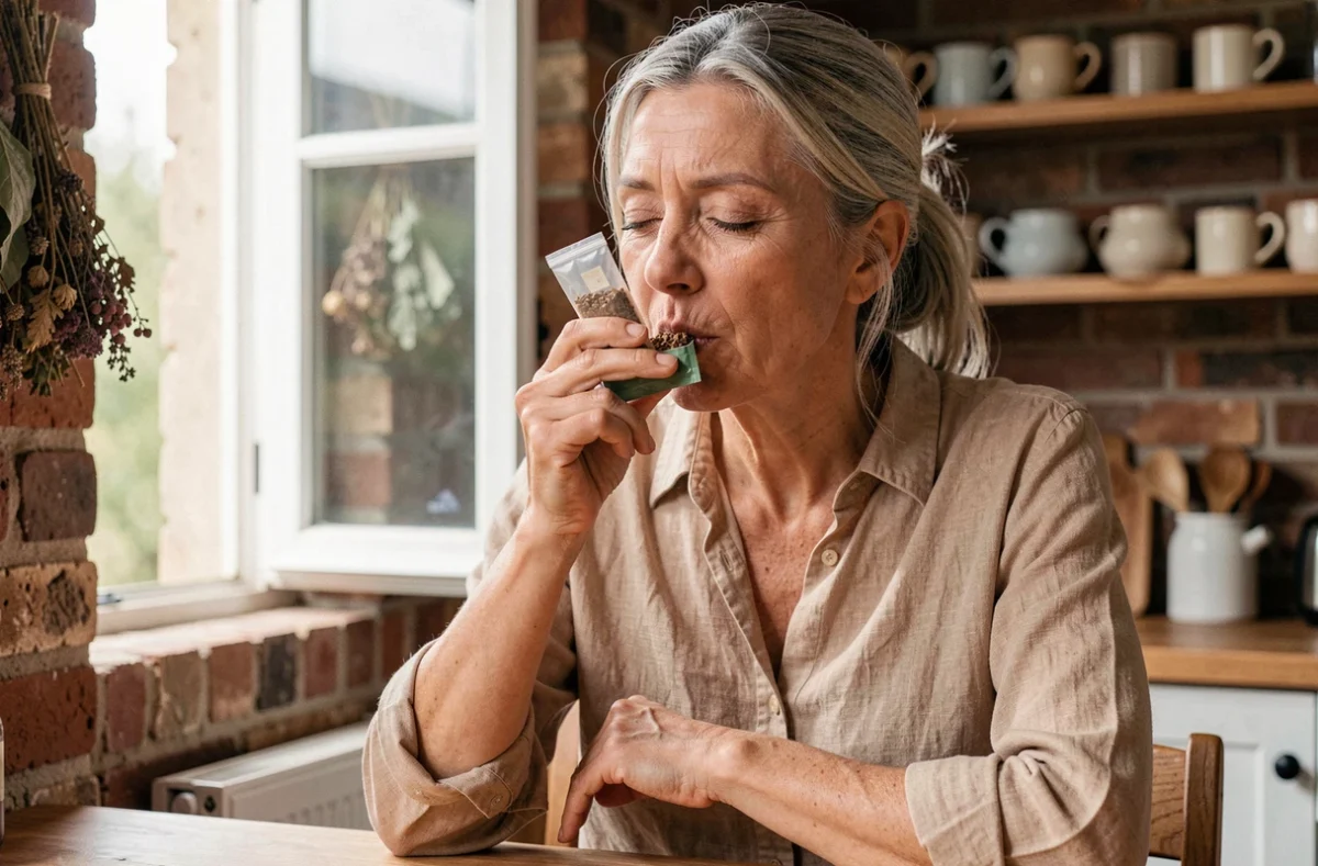 Femme évaluant l'arôme d'un tabac à pipe près d'une fenêtre dans une cuisine rustique aux tons chaleureux