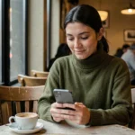Femme seule dans un café regardant son téléphone avec un sourire forcé, illustrant les relations toxiques et l'amour faux