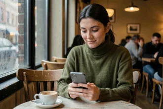 Femme seule dans un café regardant son téléphone avec un sourire forcé, illustrant les relations toxiques et l'amour faux