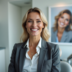 Femme souriante en costume dans une clinique dentaire moderne