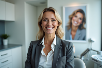 Femme souriante en costume dans une clinique dentaire moderne