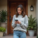 Femme vérifiant le suivi de son colis GLS sur smartphone devant sa porte d'entrée sans colis livré