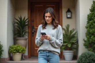 Femme vérifiant le suivi de son colis GLS sur smartphone devant sa porte d'entrée sans colis livré