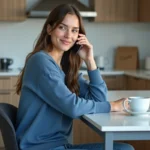 Jeune femme au téléphone dans une cuisine lumineuse