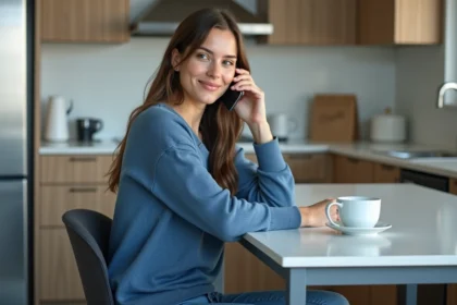 Jeune femme au téléphone dans une cuisine lumineuse