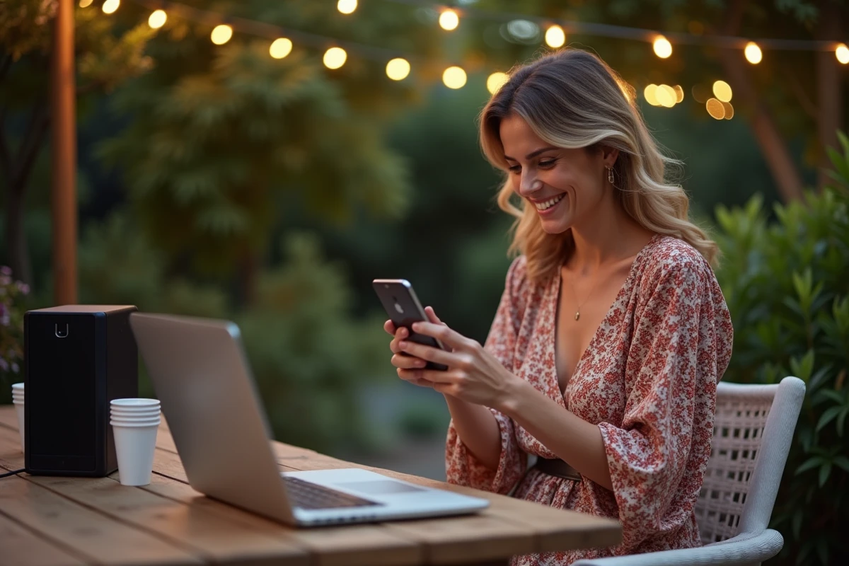 Femme souriante utilisant son téléphone en terrasse